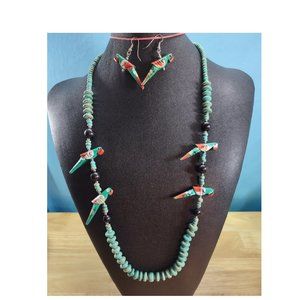 Hand Carved, Hand Painted Wooden Necklace & Earrings